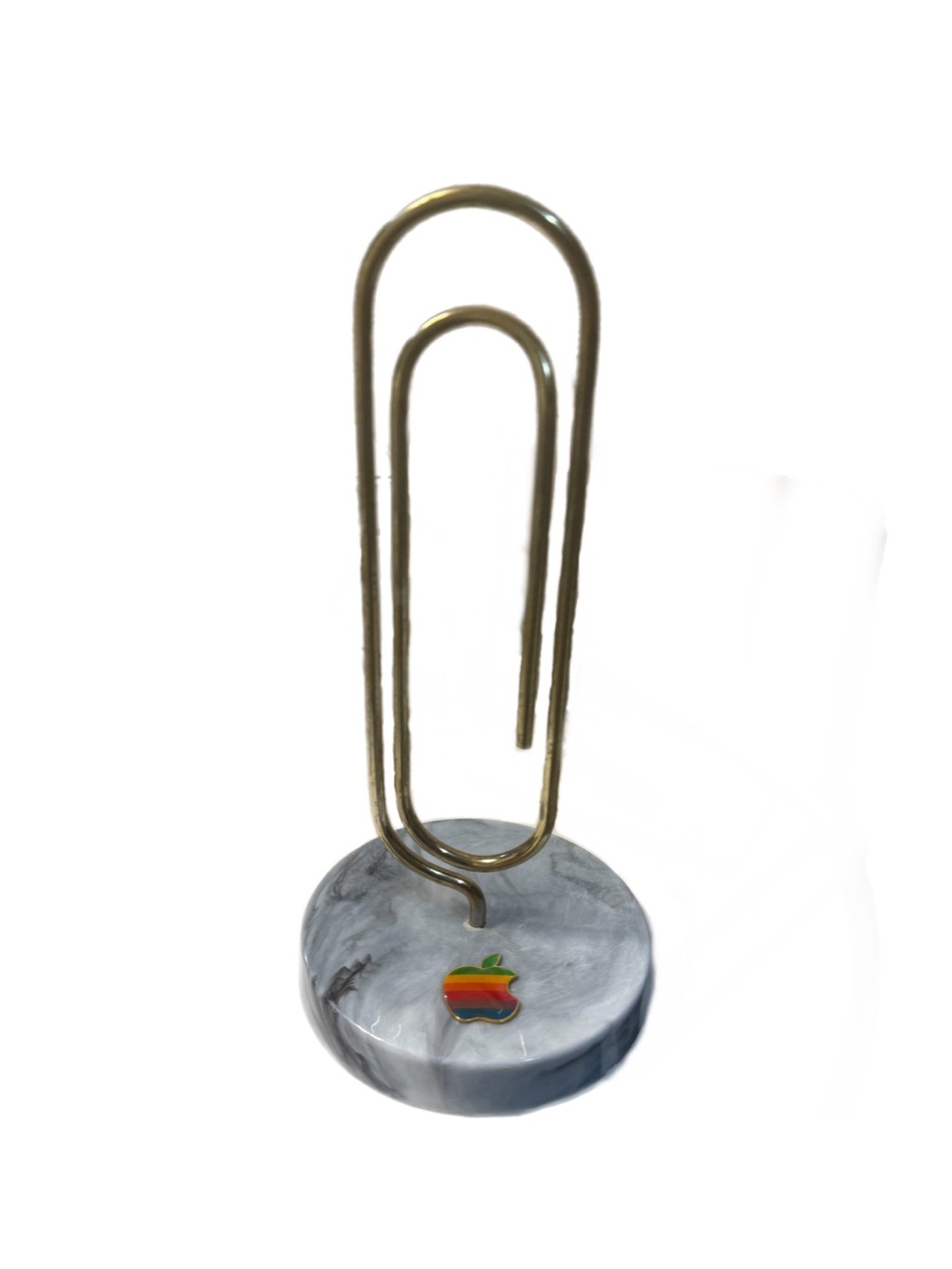 Vtg Apple Gold-Toned Clip Photo Holder Gray Plastic Marbled Base Rainbow Logo